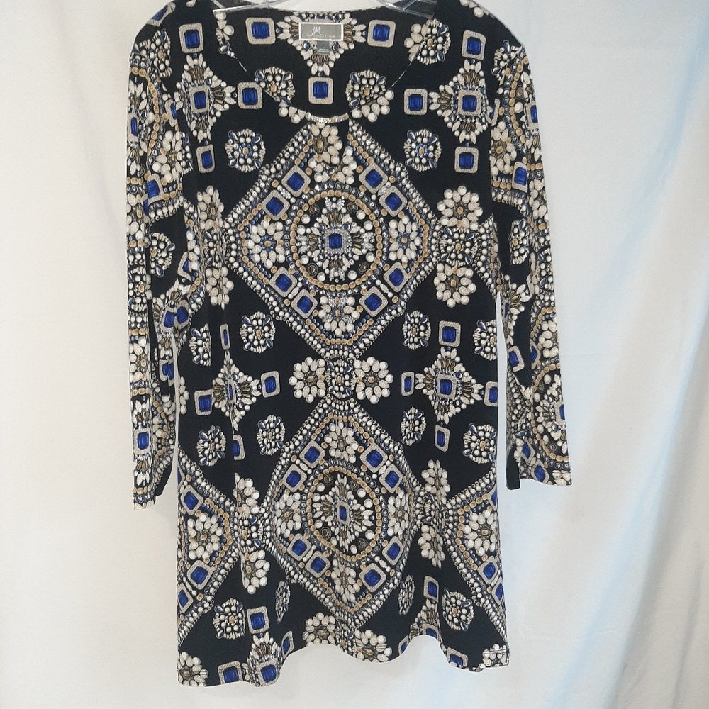 JM Collection Women Top Sz L Black Royal blue Gem Print Keyhole Blouse